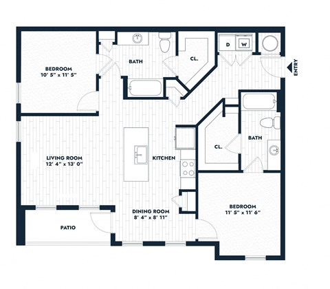 Floor plan for 2 beds, 2 baths, 1075 sqft